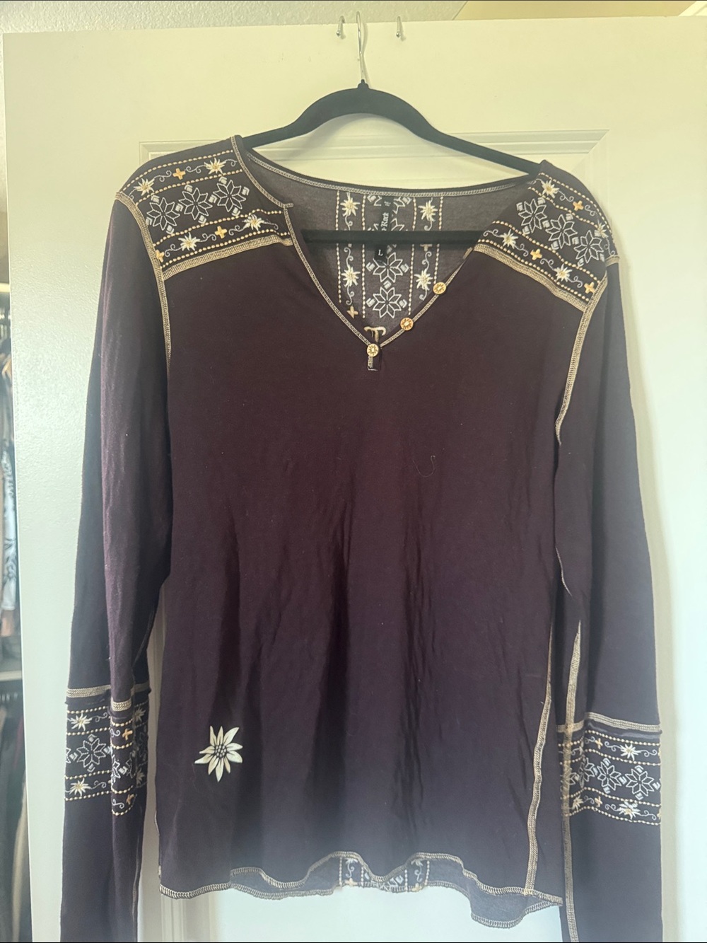 Alp N Rock Long Sleeve V-Neck Top in Dark Plum with Gold Embroidery